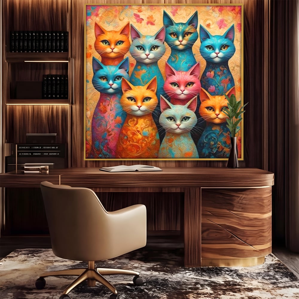 Tablou canvas cu tablou canvas cu opt pisici colorate, in rama de aluminiu auriu, pe perete intr-un birou